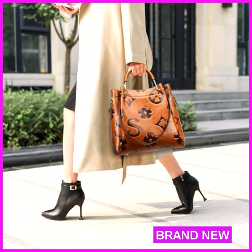 Floral Embossed Leather Top Handle Hobo Tote Shoulder Bag Large Capacity - Picture 2 of 7